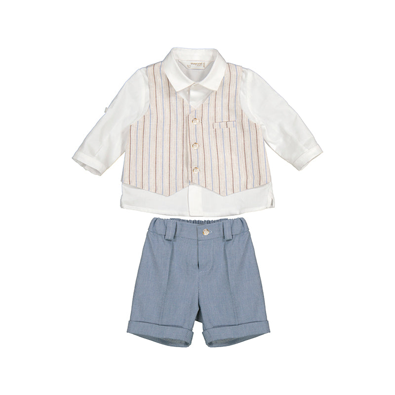 Completo pantalone corto, camicia con gilet neonato